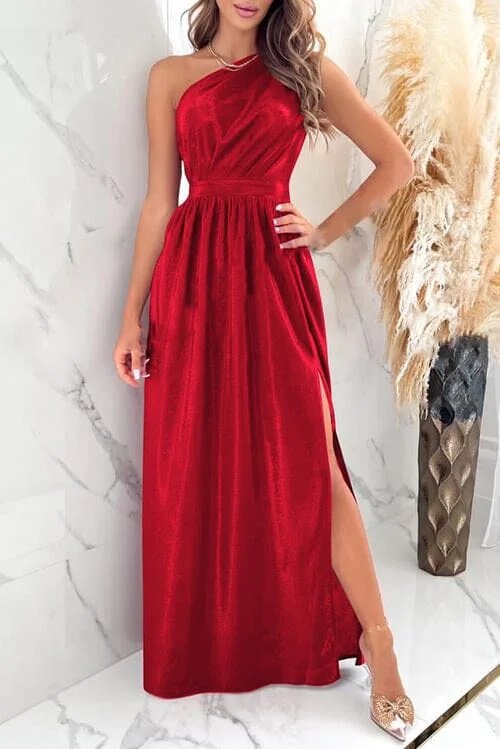 One Shoulder Slit Ruched Maxi Dress Elegant Lace-Up Maxi Dress