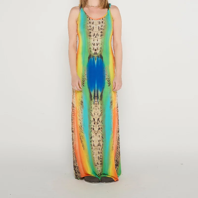 Open Back Peacock  Maxi Dress - UK 10 Stylish Off-Shoulder Maxi Dress