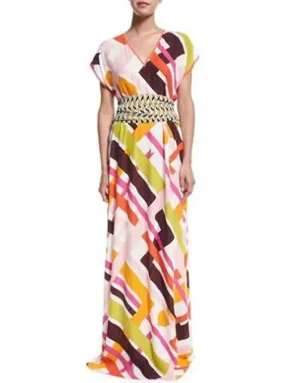 Parioli-Print Coverup Maxi Dress w/Tie, White/Pink Green Cozy Knitted Maxi Dress