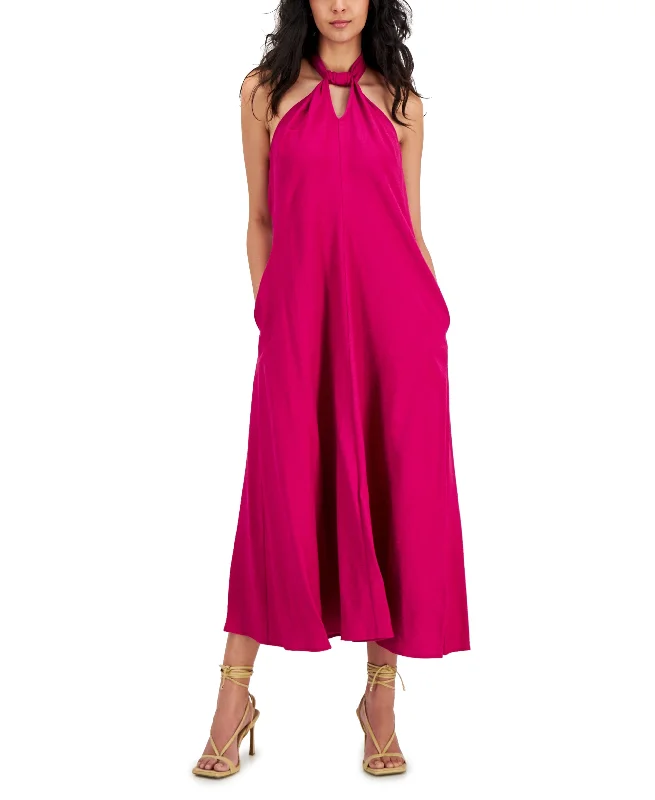 Petite Halter-Neck Maxi Dress Stylish Pleated A-Line Maxi Dress