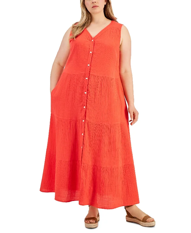 Plus Size Sleeveless Button- Front Maxi Dress Elegant Maxi Dress with Pockets