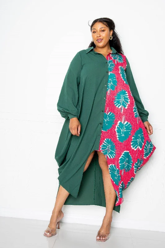 Print Drapy Shirt Maxi Dress Elegant Maxi Dress with Belt