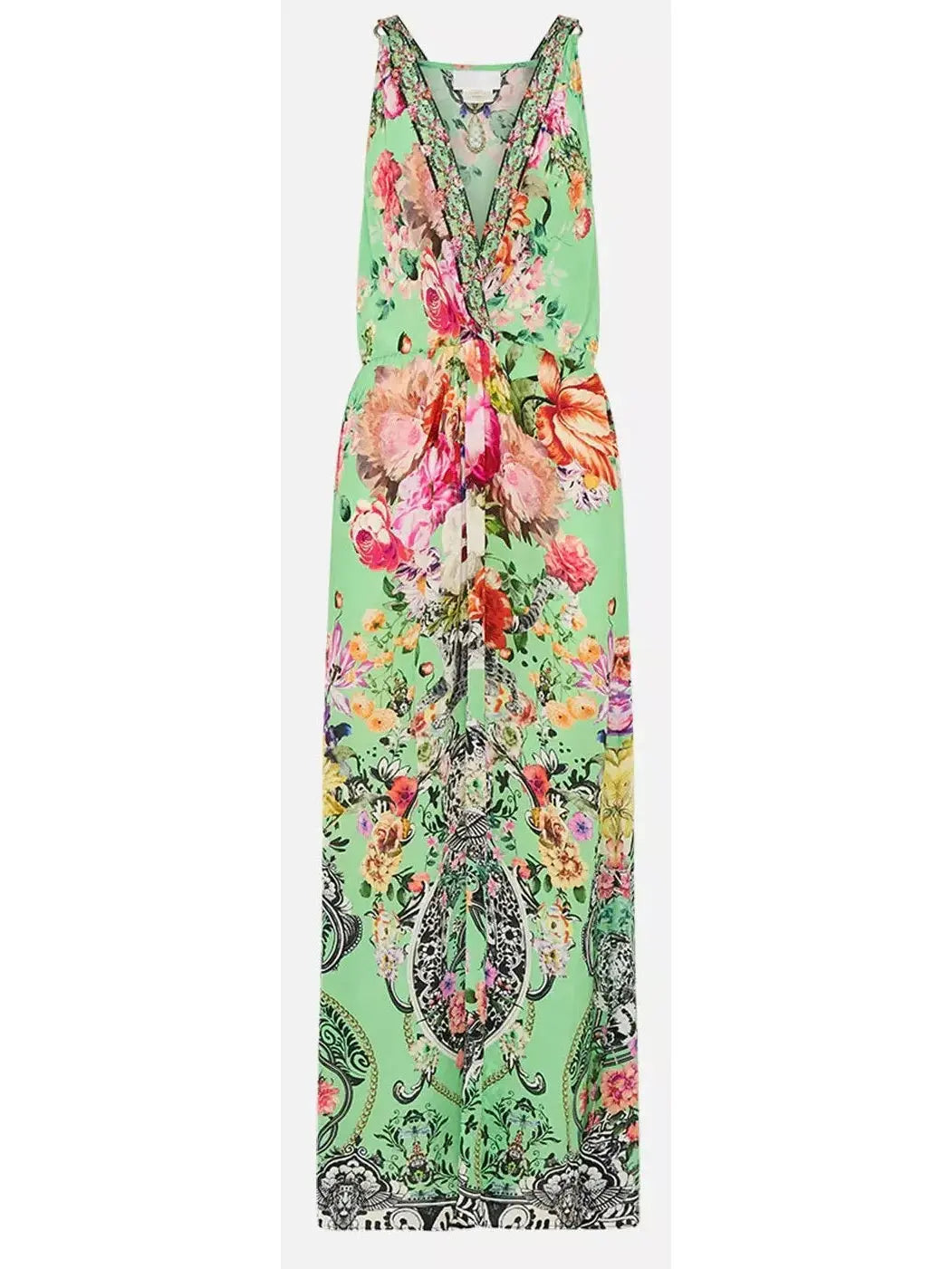 Printed Low-Cut Sleeveless Silk Maxi Dress in Green Trendy Floral Print Maxi Dress