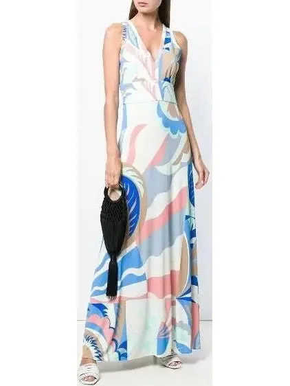 Printed Pleated Jersey Maxi Dress - Blue Cozy Spaghetti Strap Maxi Dress