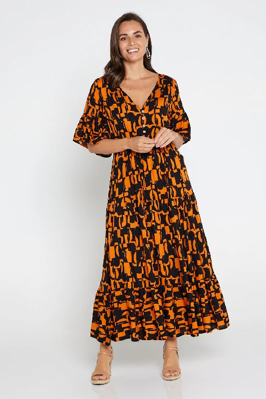 Quinn Maxi Dress - Orange/Black Midcentury Fashionable Off-Shoulder Maxi Dress