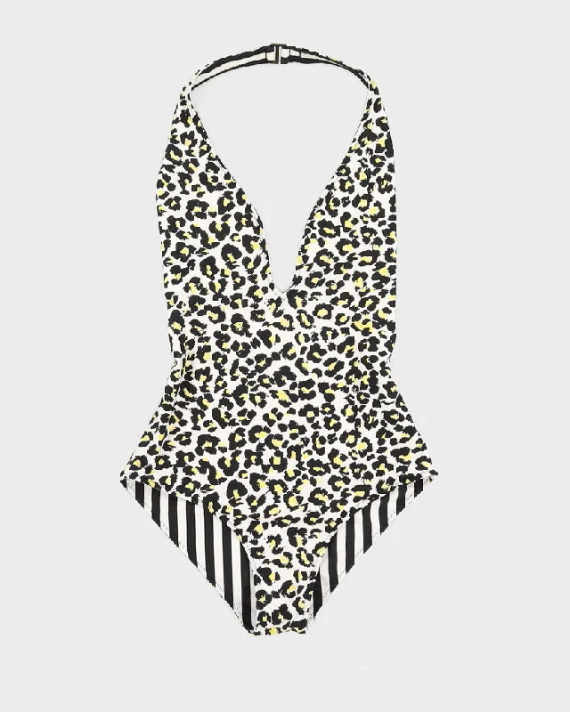 Reversible Leopard Print and Striped Swimsuit - M High-Waisted Swimwear