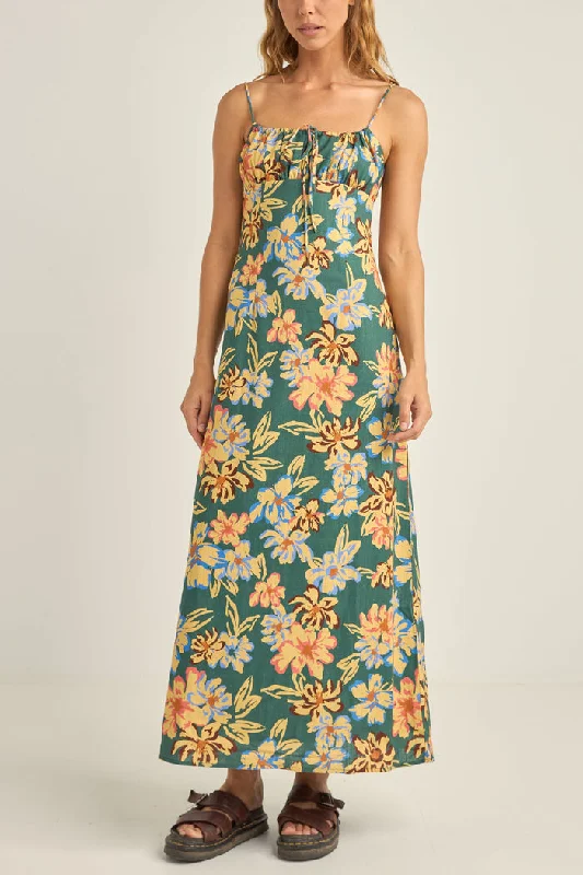 Rhythm Hawaiian Floral Gathered Maxi Dress - JUNGLE Comfortable Satin Maxi Dress