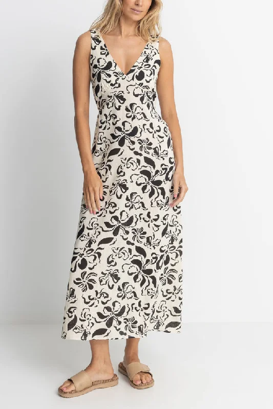 Rhythm Sundance Floral Maxi Dress - NATURAL Trendy Floral Print Maxi Dress