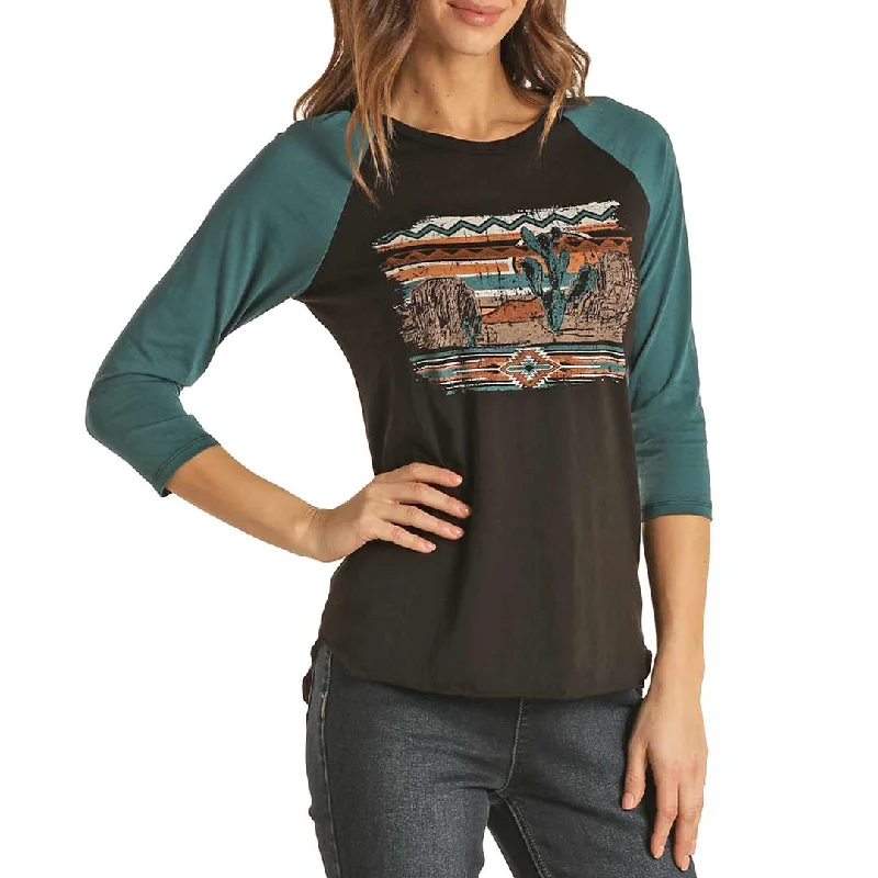 Rock & Roll Cowgirl Women's Graphic Baseball Tee Fitted T-Shirt Seamless Stretchy