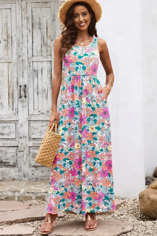 Round Neck Sleeveless Maxi Dress with Pockets Trendy Button Front Maxi Dress