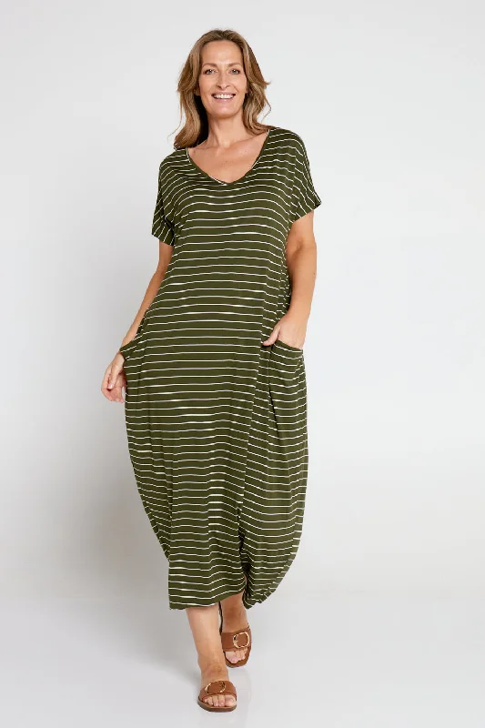 Rowan Maxi Dress - Khaki Stripe Classic Strapless Maxi Dress