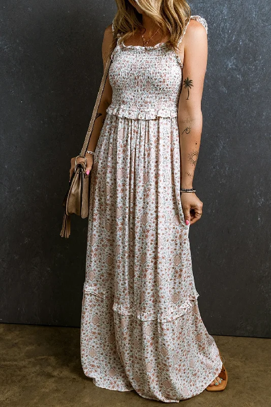 Ruffled Smocked Printed Sleeveless Maxi Dress Elegant Lace-Up Maxi Dress