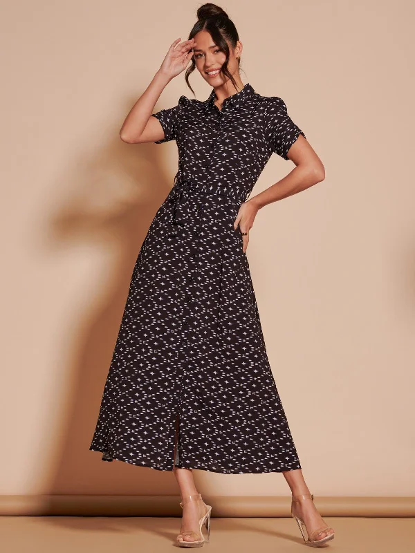 Sadie Print Cotton Blend Shirt Maxi Dress, Black Star Fashionable High-Waist Maxi Dress