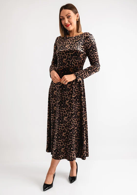 Serafina Collection Velvet Leopard Print Maxi Dress, Brown Fashionable Off-Shoulder Maxi Dress