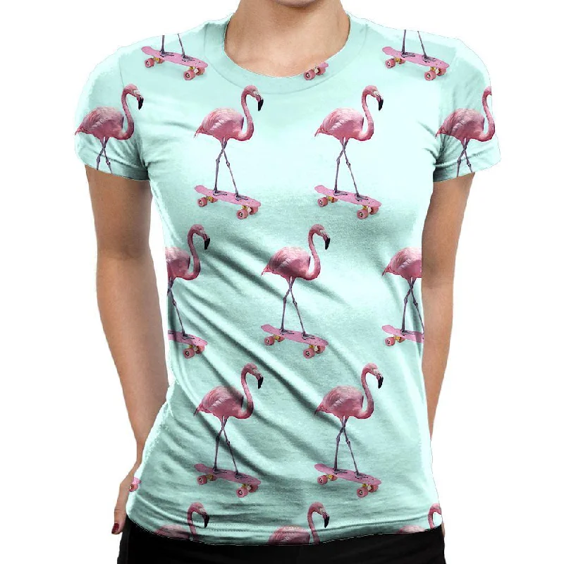 Skating Flamingo Womens T-Shirt Fleece Nylon Spandex