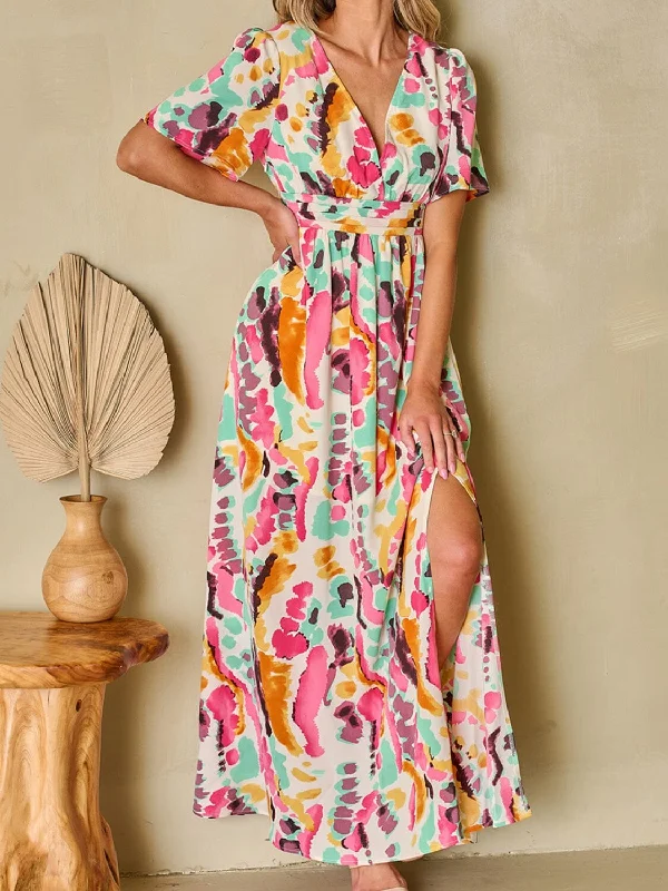 Slit Printed Surplice Short Sleeve Maxi Dress Stylish Boho Maxi Dress