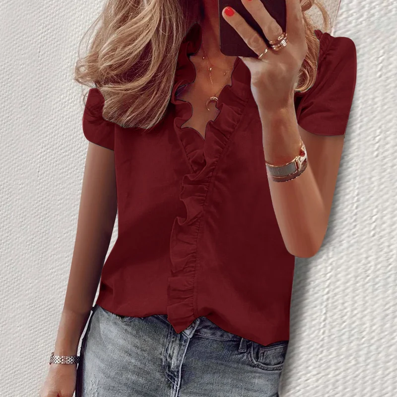 Solid Color V-Neck Short Sleeve Ruffle Shirt Top T-Shirt Women Front Pockets Side Pockets Patch Pockets