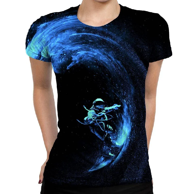 Space Surfing Womens T-Shirt Solid Print Embellished