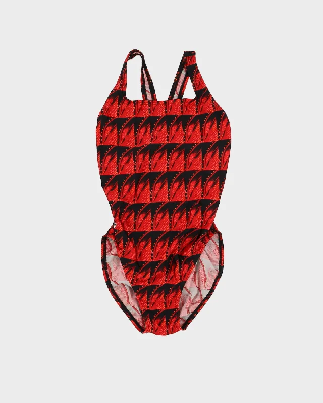 Speedo Red And Black Patterned Swimsuit - S High-Cut One-Piece