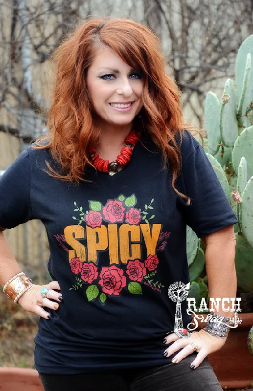 Spicy T-Shirt with Roses Spandex Blend Rayon Blend Denim Blend
