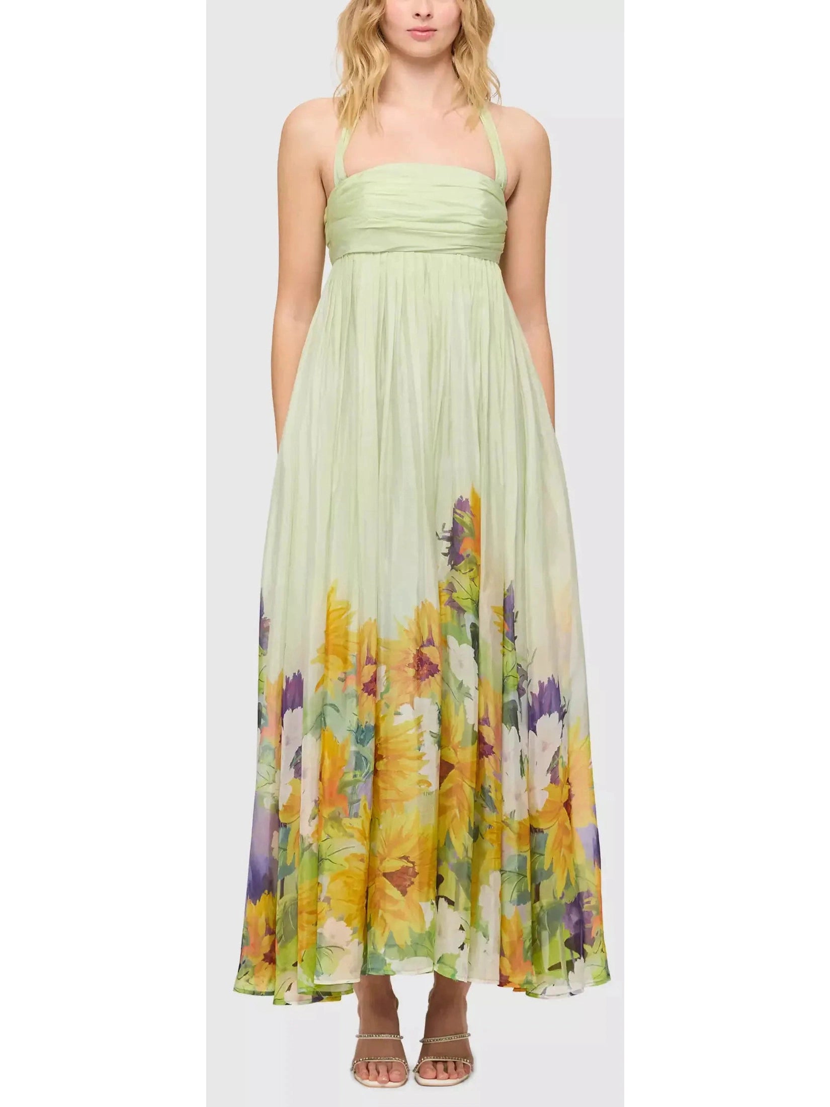 Sunflower Printed Silk Halter-Neck Maxi Dress Elegant Maxi Dress with Slit