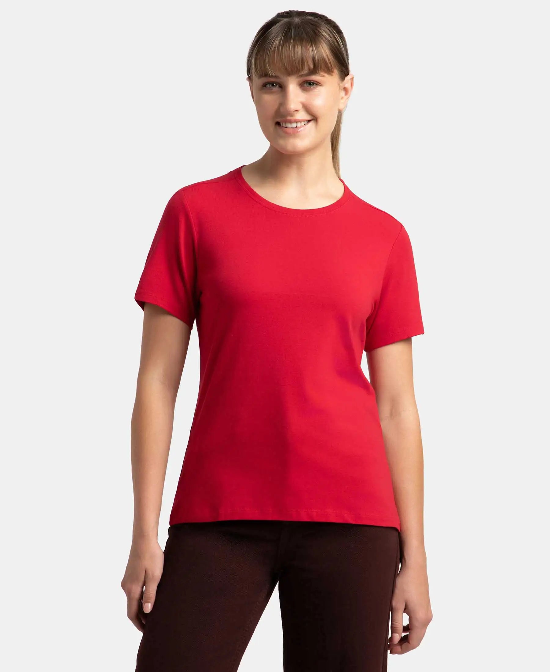 Super Combed Cotton Elastane Stretch Regular Fit Solid Round Neck Half Sleeve T-Shirt - Jester Red Graphic T-Shirt Round Neck Polyester