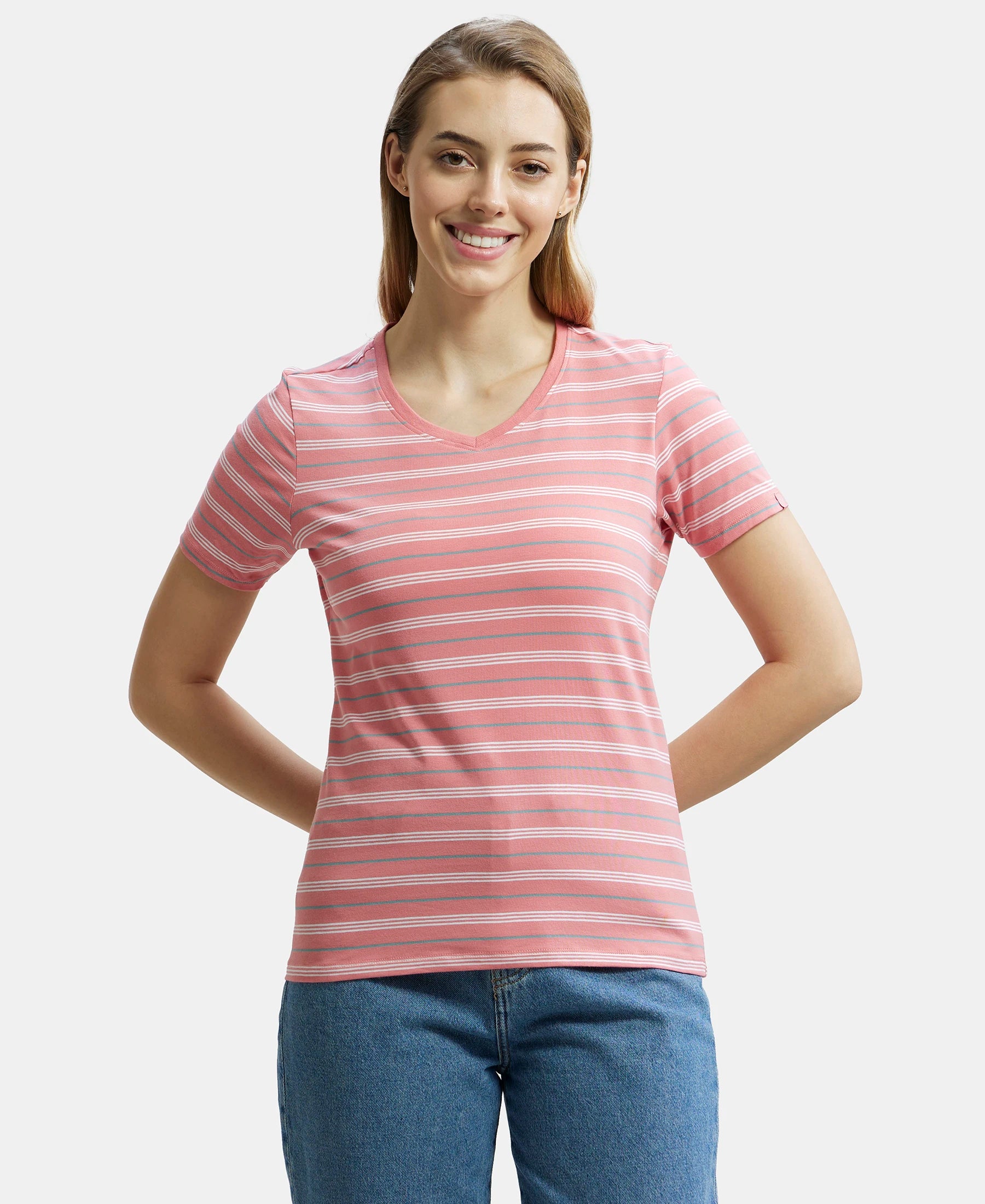 Super Combed Cotton Elastane Stretch Regular Fit Yarn Dyed Striped V Neck Half Sleeve T-Shirt - Peach Blossom Cozy Warm Stylish