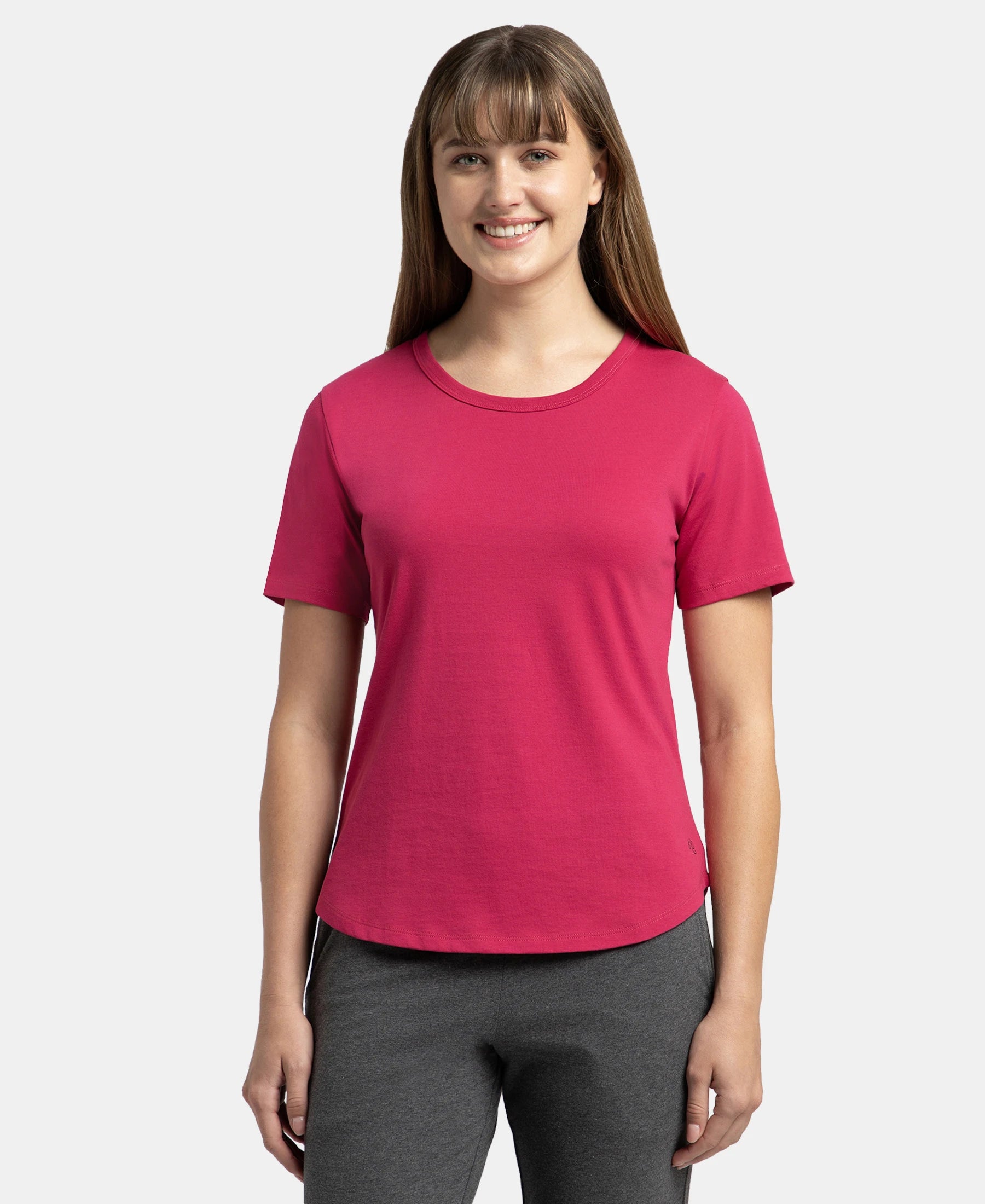 Super Combed Cotton Rich Relaxed Fit Solid Curved Hem Styled Half Sleeve T-Shirt - Red Plum Anti-Shrink Durable Soft