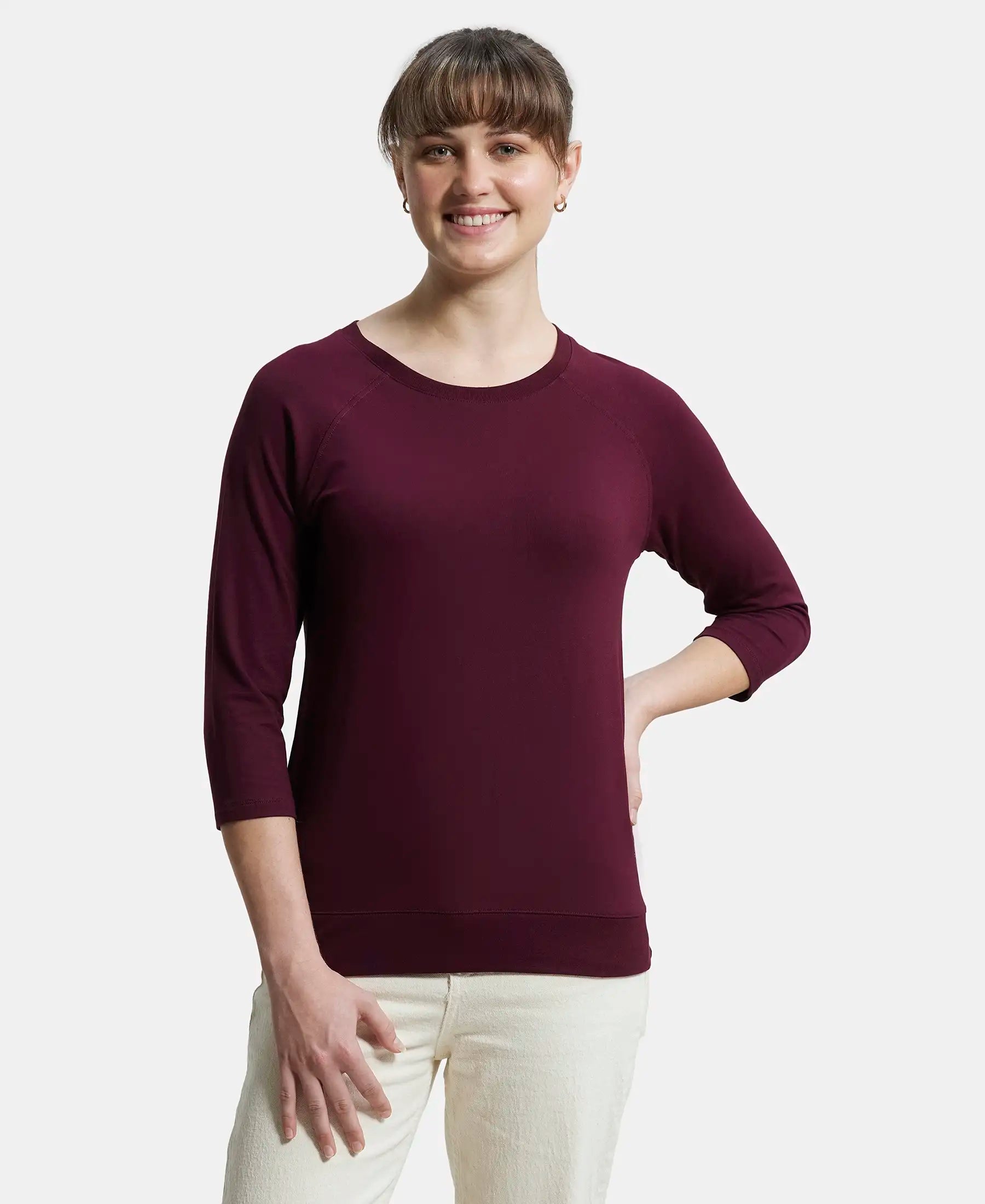 Super Combed Cotton Viscose Elastane Stretch Regular Fit Solid Round Neck Three Quarter Sleeve T-Shirt - Wine Tasting Zippered Front Buttoned Front Snap Front