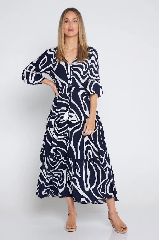 Tangela Maxi Dress - Navy White Swirl Fashionable Open-Back Maxi Dress