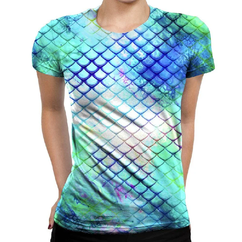 Teal Dragon Scales Womens T-Shirt Graphic Embroidered Appliqued