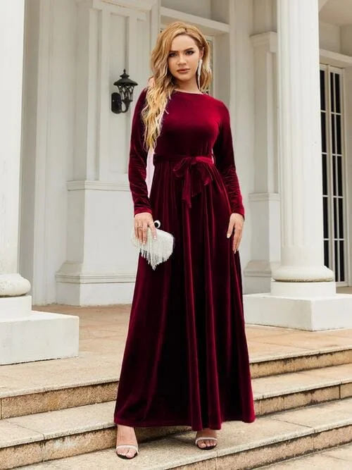 Tie Front Round Neck Long Sleeve Maxi Dress Stylish Long Sleeve Maxi Dress