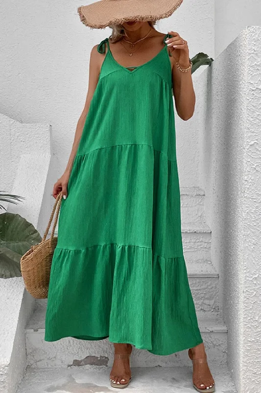 Tie-Shoulder Tiered Maxi Dress Fashionable High-Waist Maxi Dress