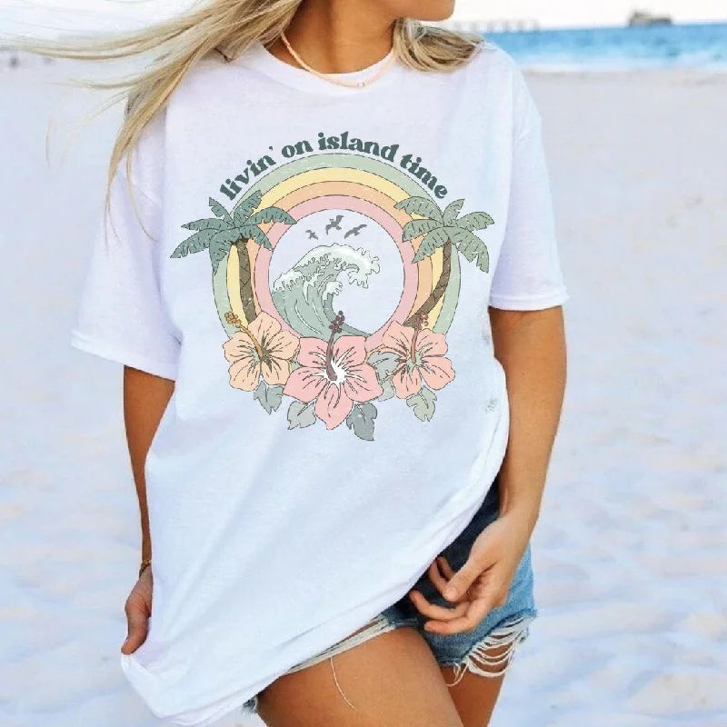 Tropical Beach Tee - Livin on Island Time - Vintage Hawaiian Graphic Tee - Beach Vacation Tee - White Bella Canvas Women's Unisex Tee Solid Print Embellished