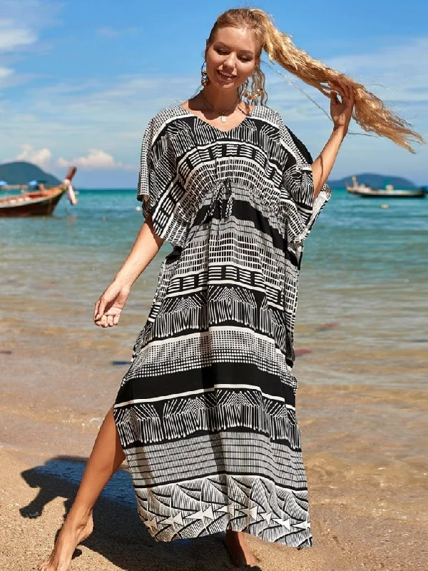 V Neck Black Swimsuit Coverup Kaftan Dress Comfortable Swim Dress