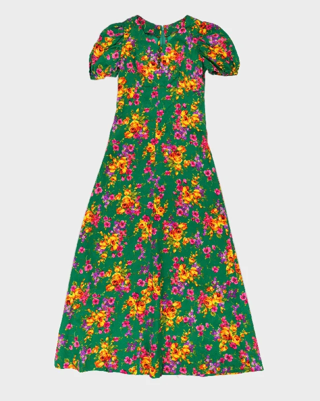 Vintage 1970s Green Floral Maxi Dress - XXS Comfortable Fitted Maxi Dress