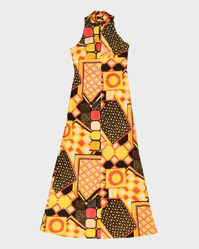 Vintage 1970s Orange Patterned Maxi Dress - XS Trendy Short Sleeve Maxi Dress