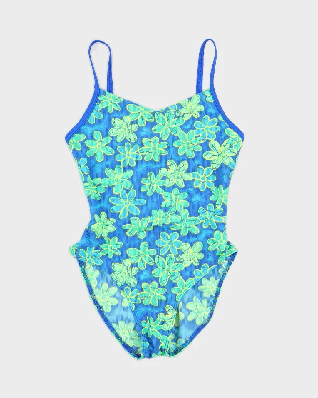 Vintage Blue Floral Swimsuit - S Strappy Back Bikini