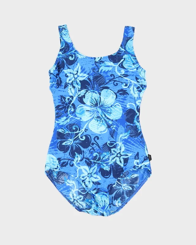 Vintage Blue Hibiscus Print Swimsuit - M Plunge Neckline Swimsuit