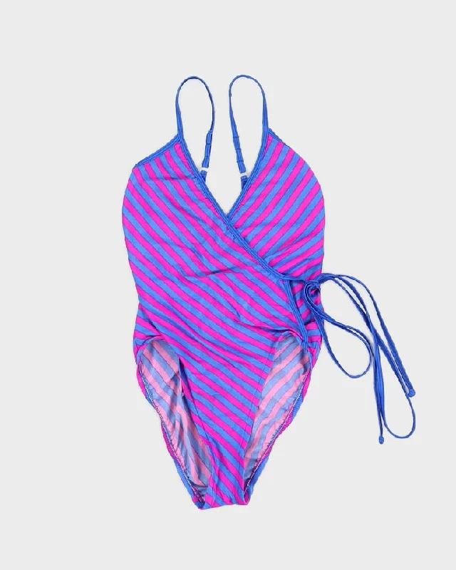 Vintage Purple and Blue Striped Wrap Swimsuit - XS Classic Sporty Swimsuit