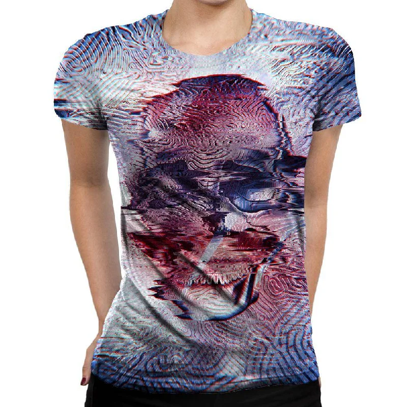 White Glitch Skull Womens T-Shirt Mesh Fabric Canvas Fabric Denim Fabric