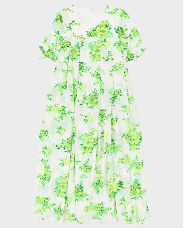 White With Green Flowers Maxi Dress - M Cozy Spaghetti Strap Maxi Dress