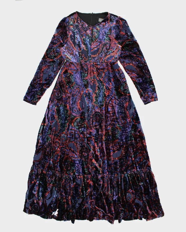 Womens Anthropologie Blue Paisley Pattern Velvet Maxi Dress - M Trendy Off-Shoulder Ruffle Maxi Dress