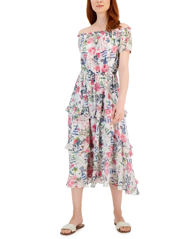 Women's Floral Print Off-The-Shoulder Maxi Dress Comfortable Maxi Dress with Sleeves