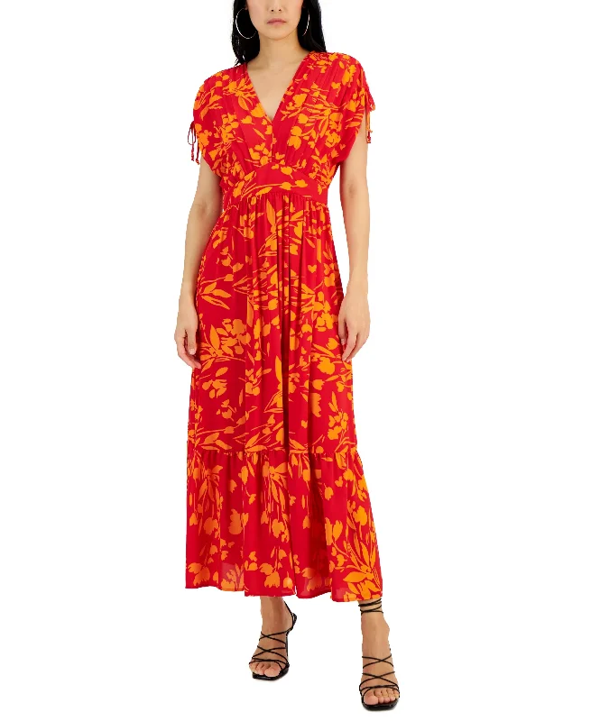 Women's Floral-Printed V-Neck Drop-Shoulder Maxi Dress Fashionable Printed Maxi Dress