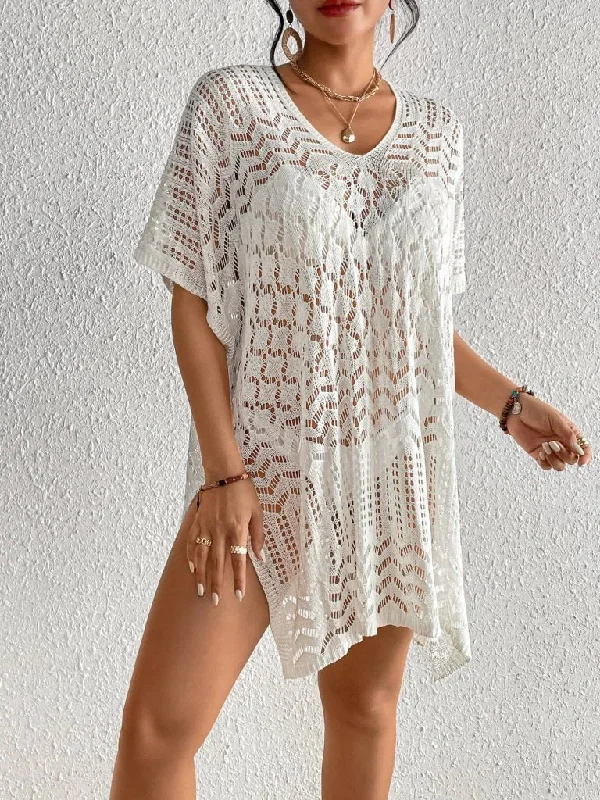 Hollow Out Knit Women's Swimsuit Coverup Crochet Dress Mesh Swimsuit Top