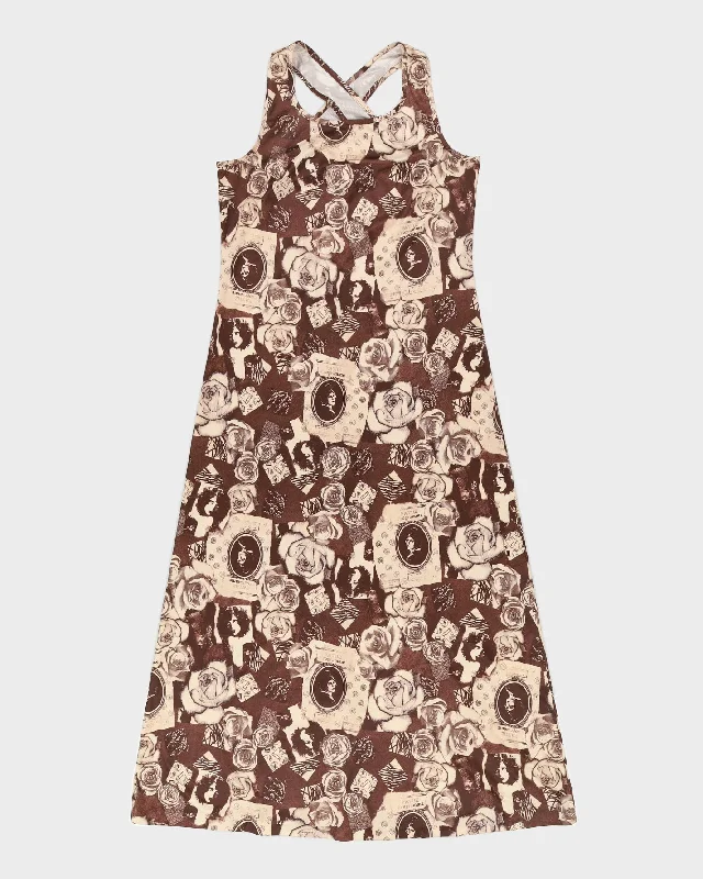 Y2K 00s The Original Inc Brown Scrapbook Print Maxi Dress - S/M Comfortable Plunging Neckline Maxi Dress