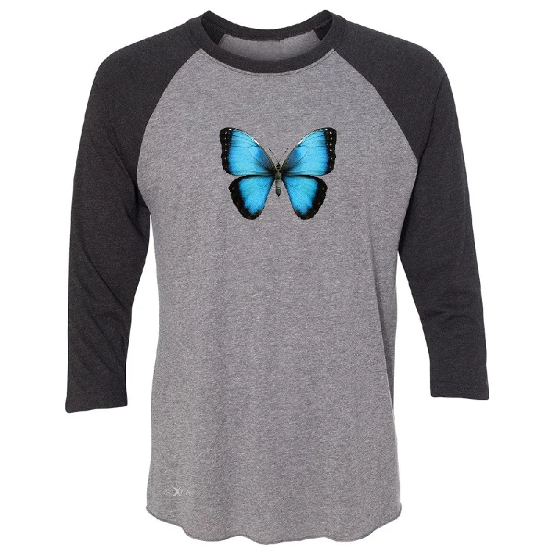 Zexpa Apparelâ„¢ Real 3D Morpho Didius Butterfly 3/4 Sleevee Raglan Tee Animal Cool Cute Tee Cotton Fabric Linen Fabric Terry Fabric