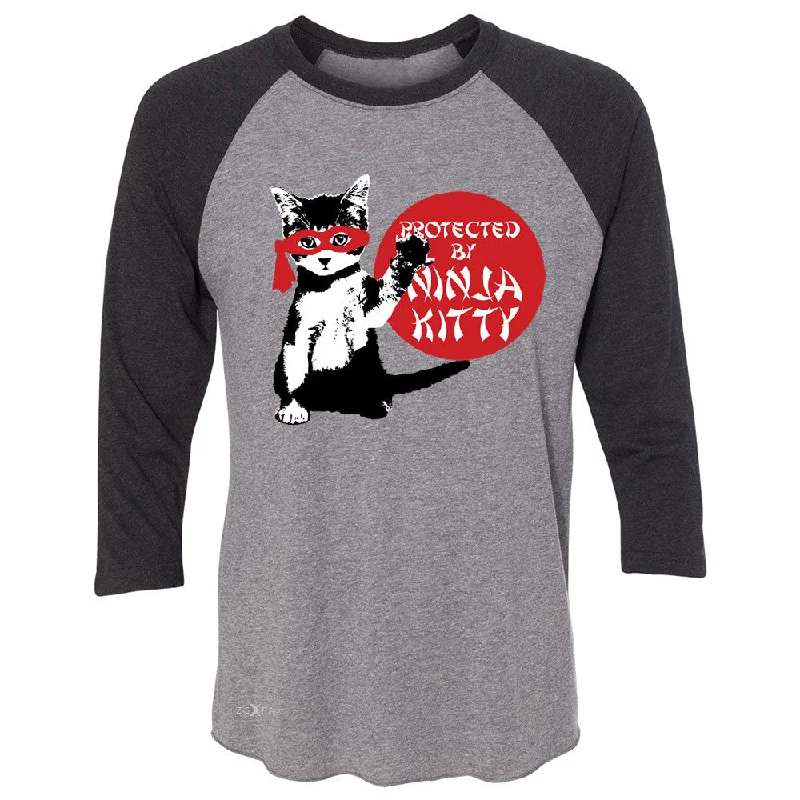 Zexpa Apparelâ„¢ Protected By Ninja Kitty Graphic 3/4 Sleevee Raglan Tee Animal Love Tee Thin T-Shirt Open Front Quick Dry