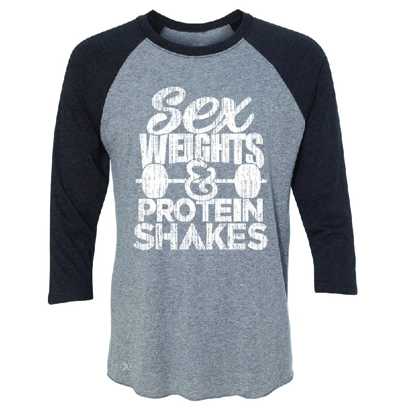 Zexpa Apparel™ Sex Weight Protein Shakes 3/4 Sleevee Raglan Tee Funny Cool Gym Workout Tee Front Pockets Side Pockets Patch Pockets